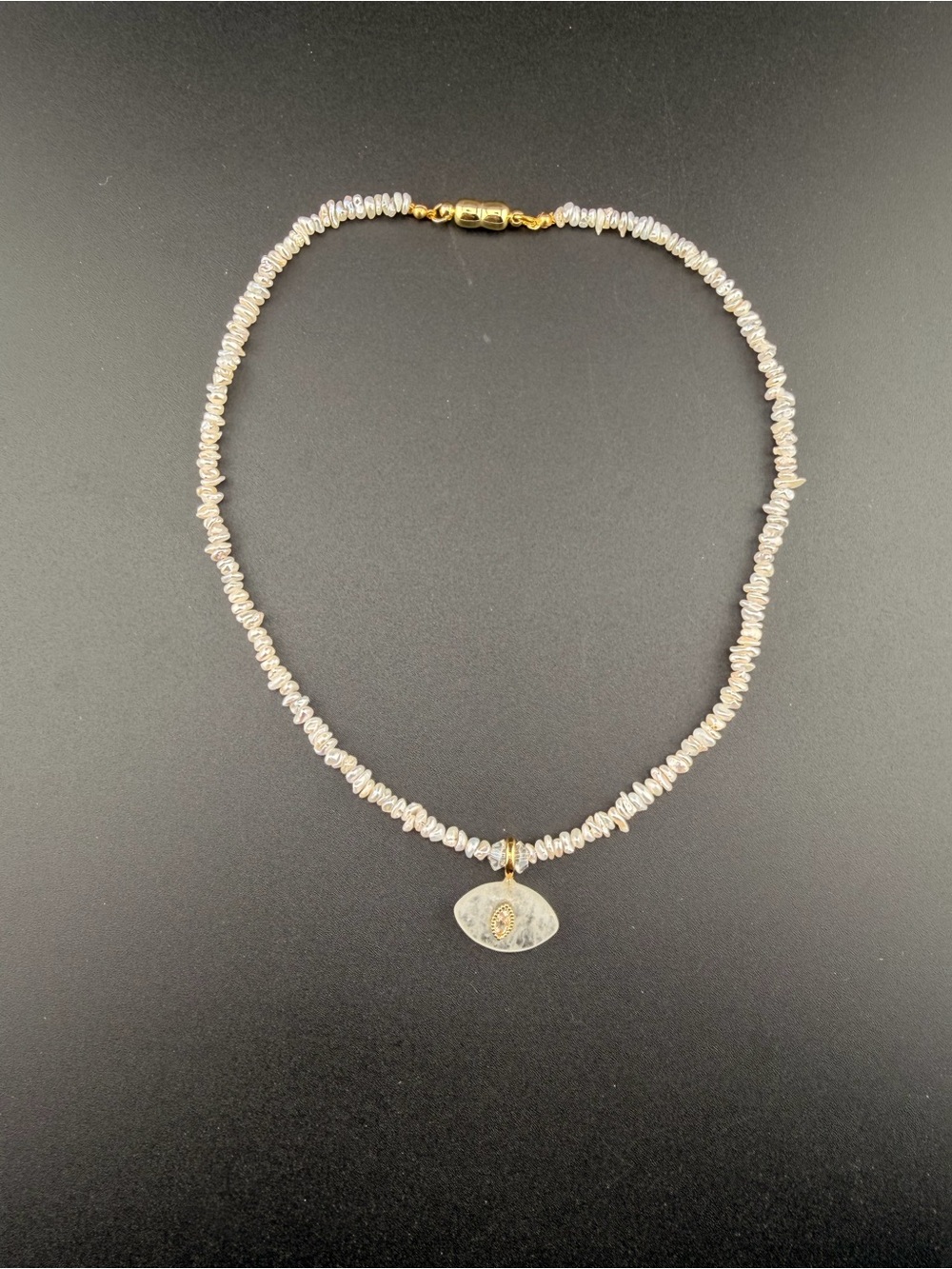 Keshi Freshwater Pearl Beaded Necklace with Gold clear quartz pendant.